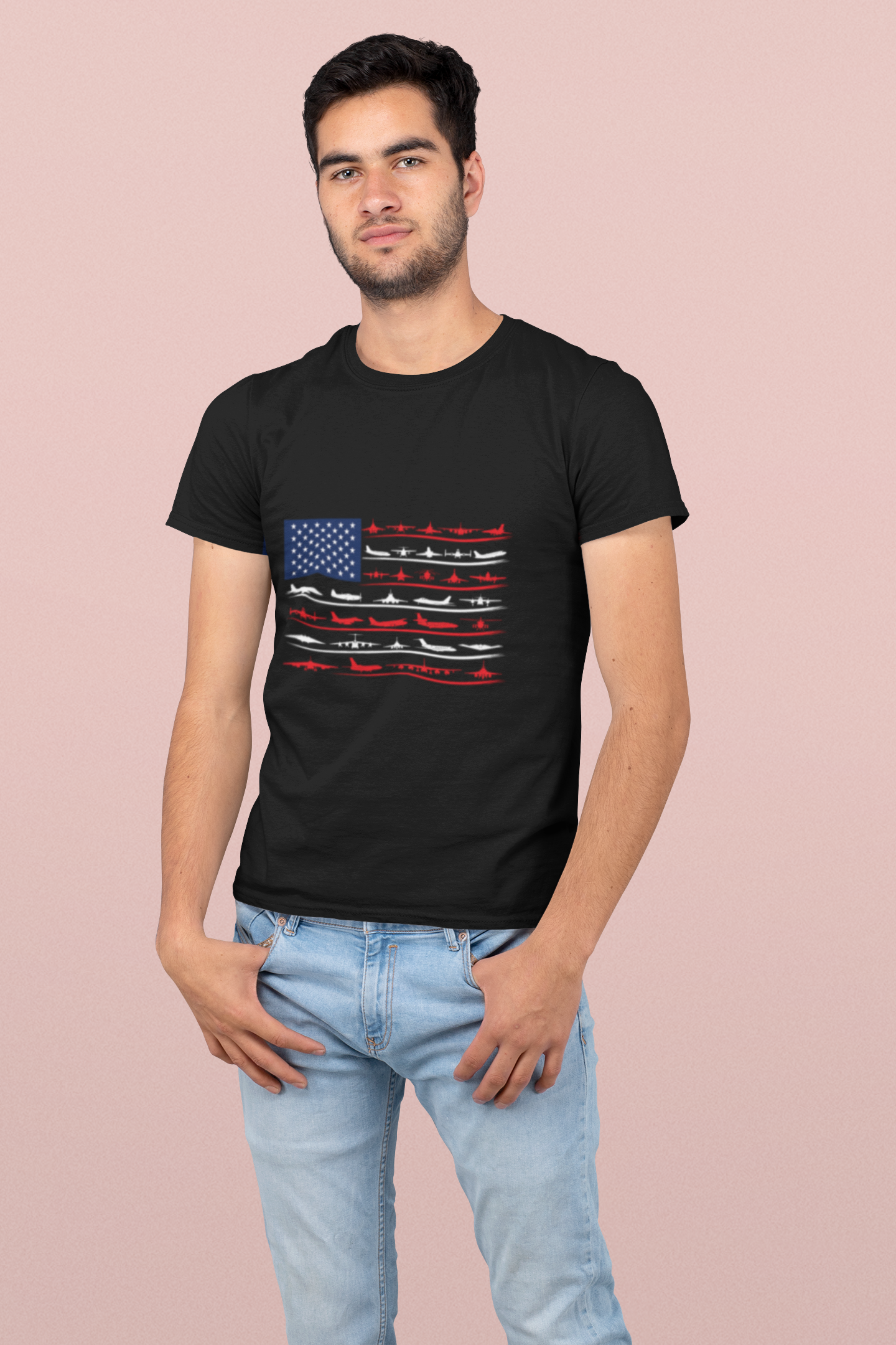 American Flag Military Aircraft Silhouettes Patriotic T-Shirt