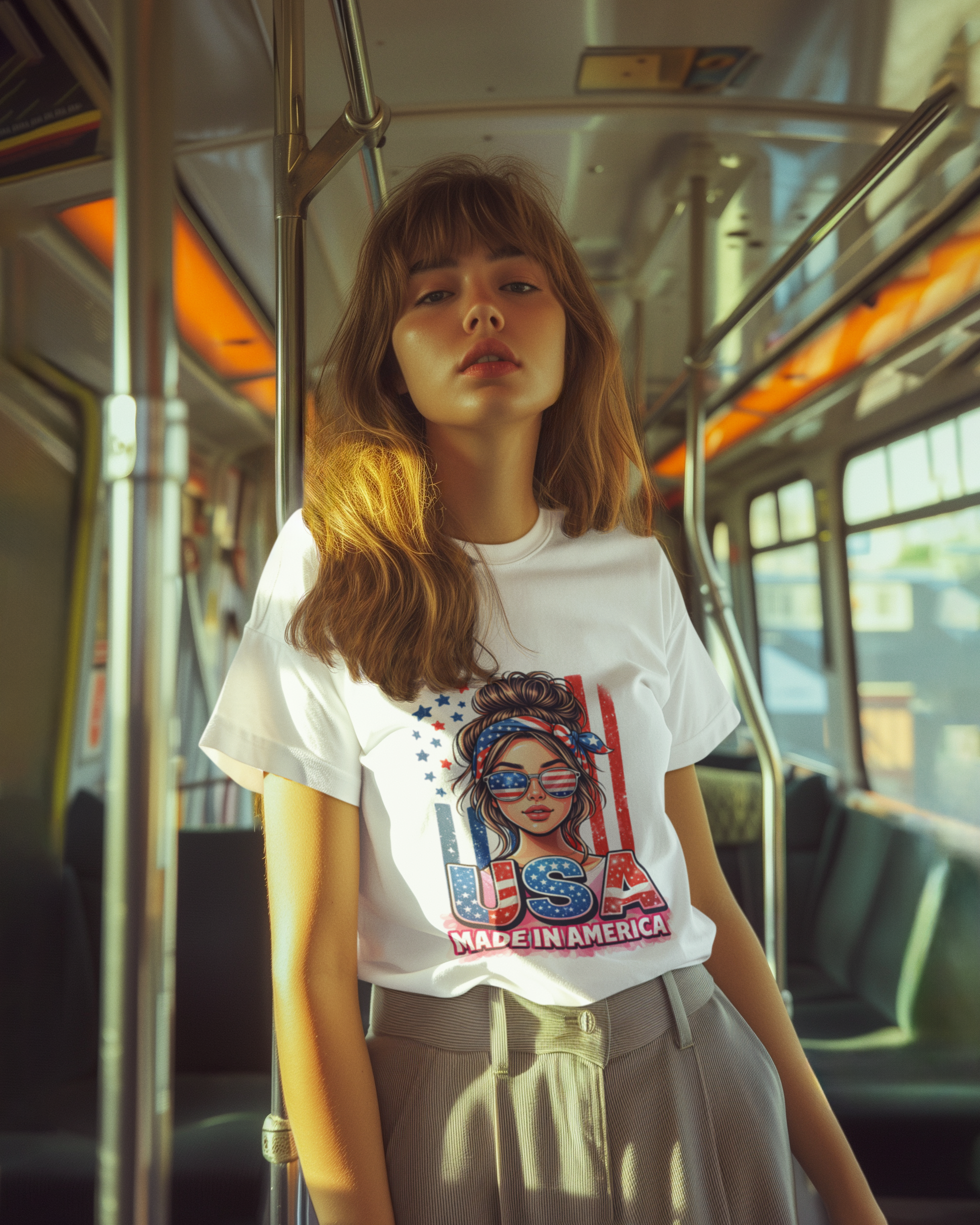 USA Made in America Messy Bun Girl T-Shirt