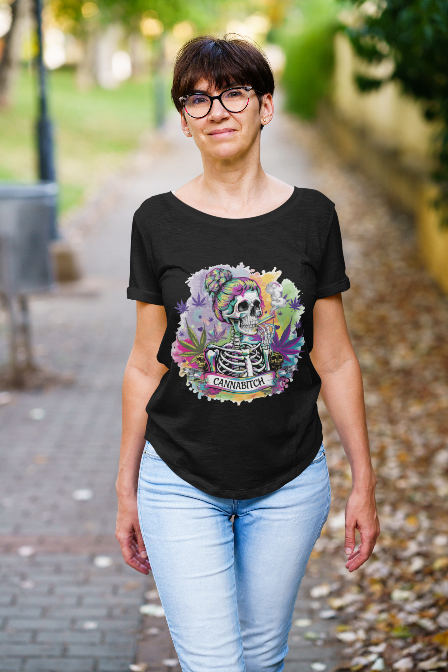 Female Weed Smoking Skeleton T-Shirt