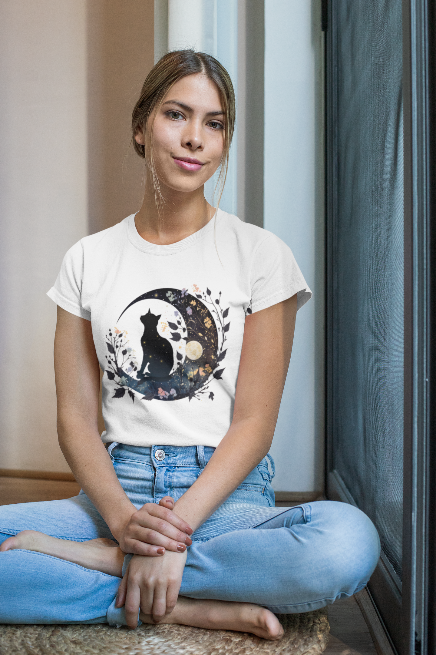 Black Cat Floral Crescent Moon Tee