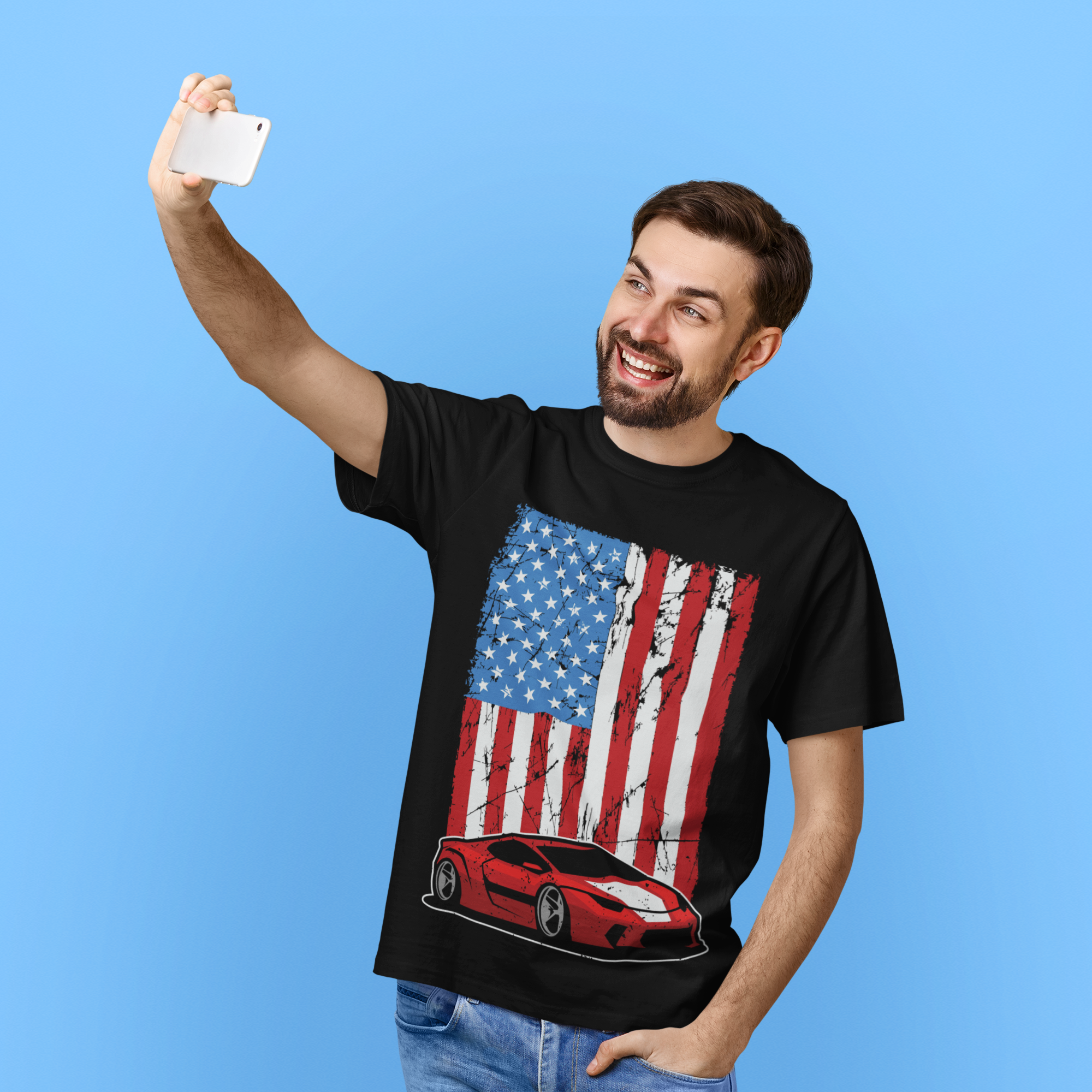 American Flag Sports Car T-Shirt