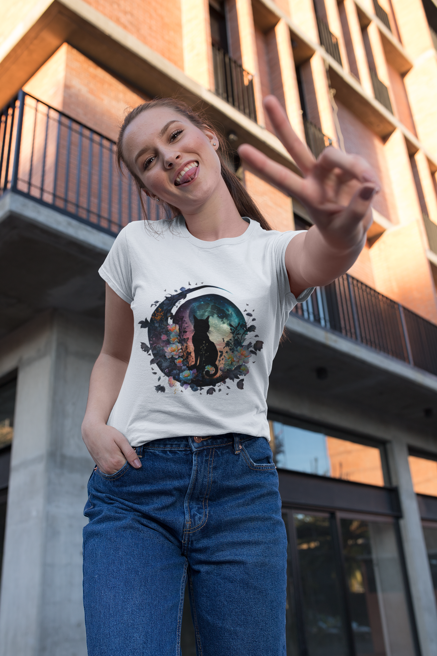 Black Cat Watercolor Floral Moon Tee