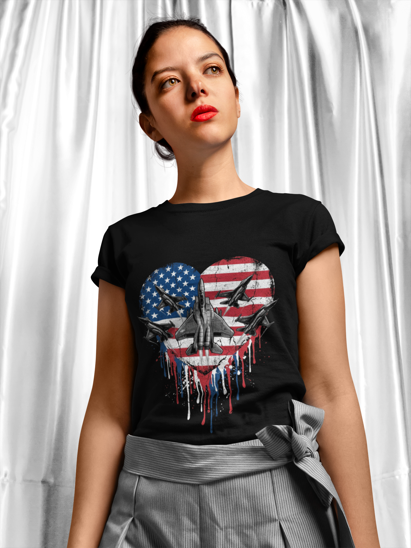 American Flag Heart Fighter Jets Drip T-Shirt